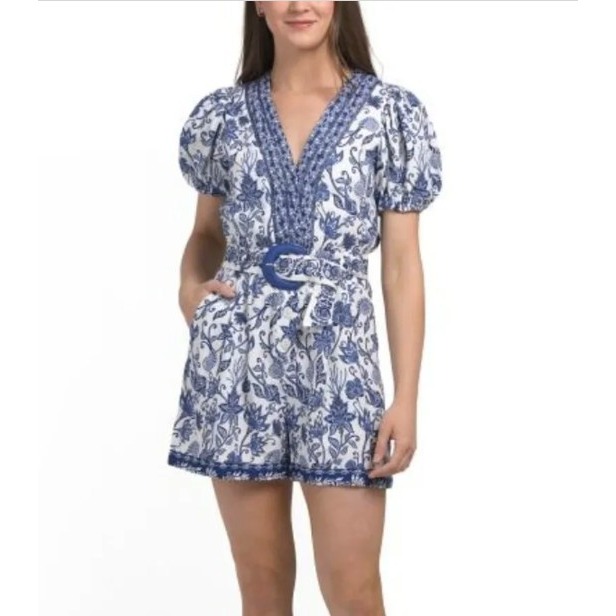 Caroline Constas Romper Playsuit Linen Blend Puff-Sleeve Belted Blue Floral 10